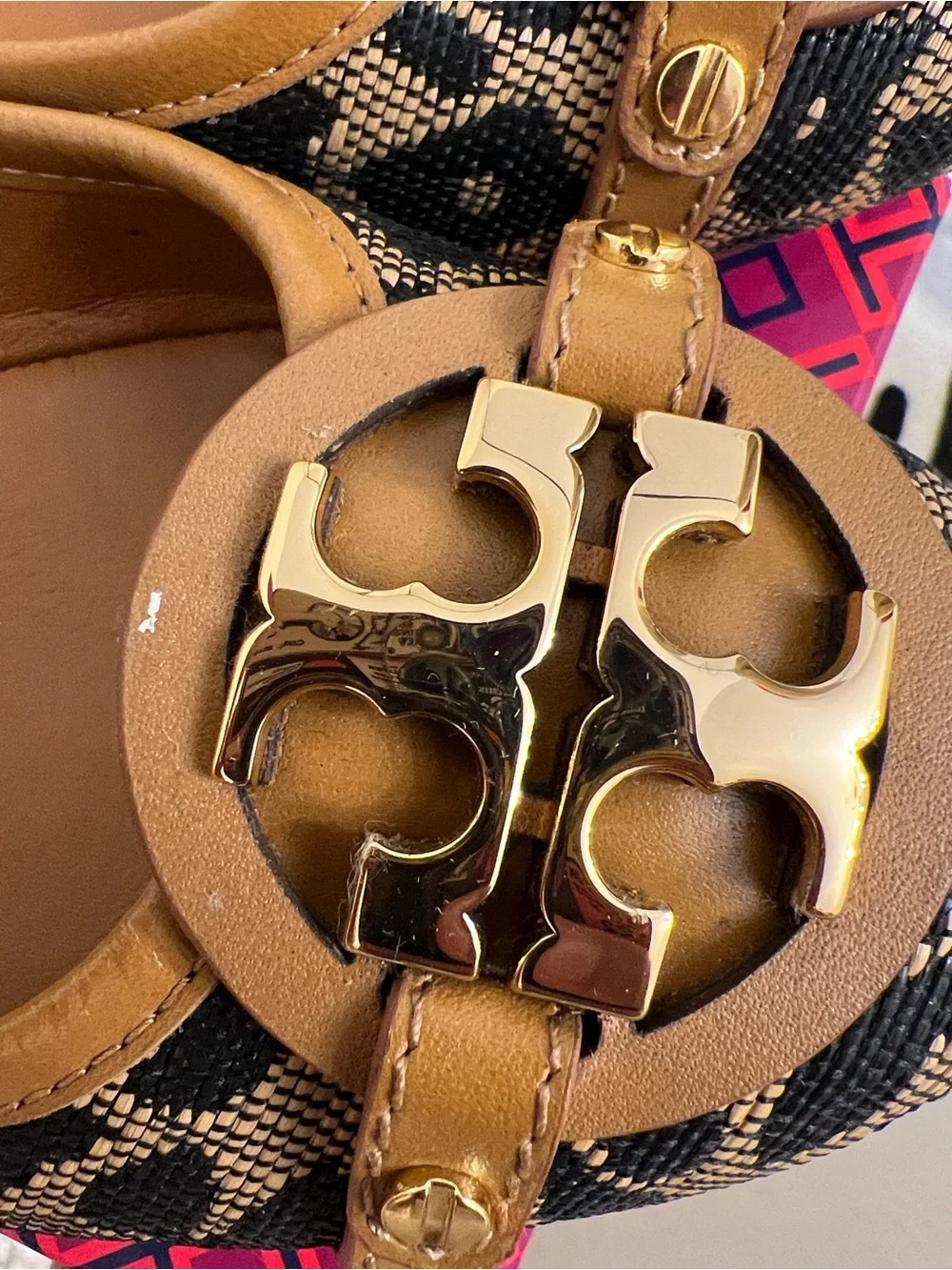 Tory Burch Black & Tan Logo Embellished Ballet Flats